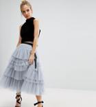 Asos Petite Tulle Midi Prom Skirt With Tiers And Tie Waist - Gray