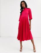 Closet London Pleated Satin Midi Dress In Fuchsia - Pink