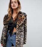 Missguided Faux Fur Coat In Tiger Print - Orange