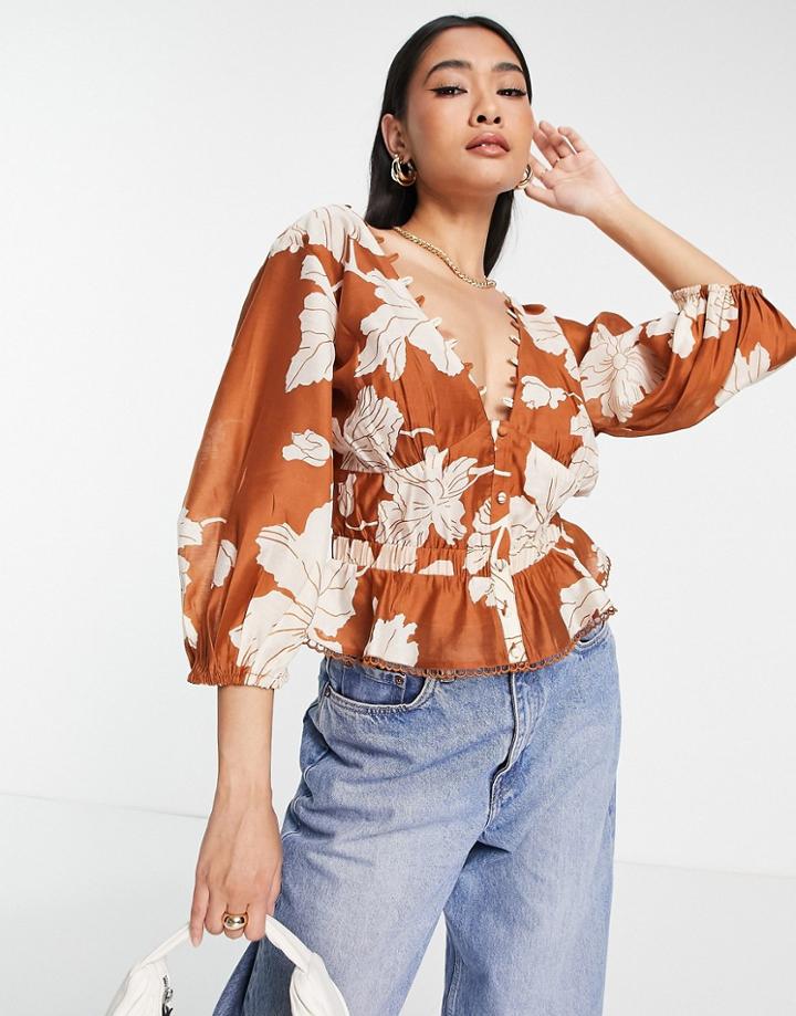 Asos Design Elastic Waist Blouse With Peplum Hem & Button Detail In Tonal Floral-multi