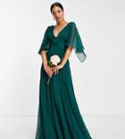 Asos Design Tall Bridesmaid Ruched Bodice Drape Maxi Dress With Wrap Waist In Forest Green