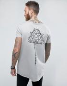 Asos Longline T-shirt With Triangle Print And Raw Edge Curved Hem - Gray