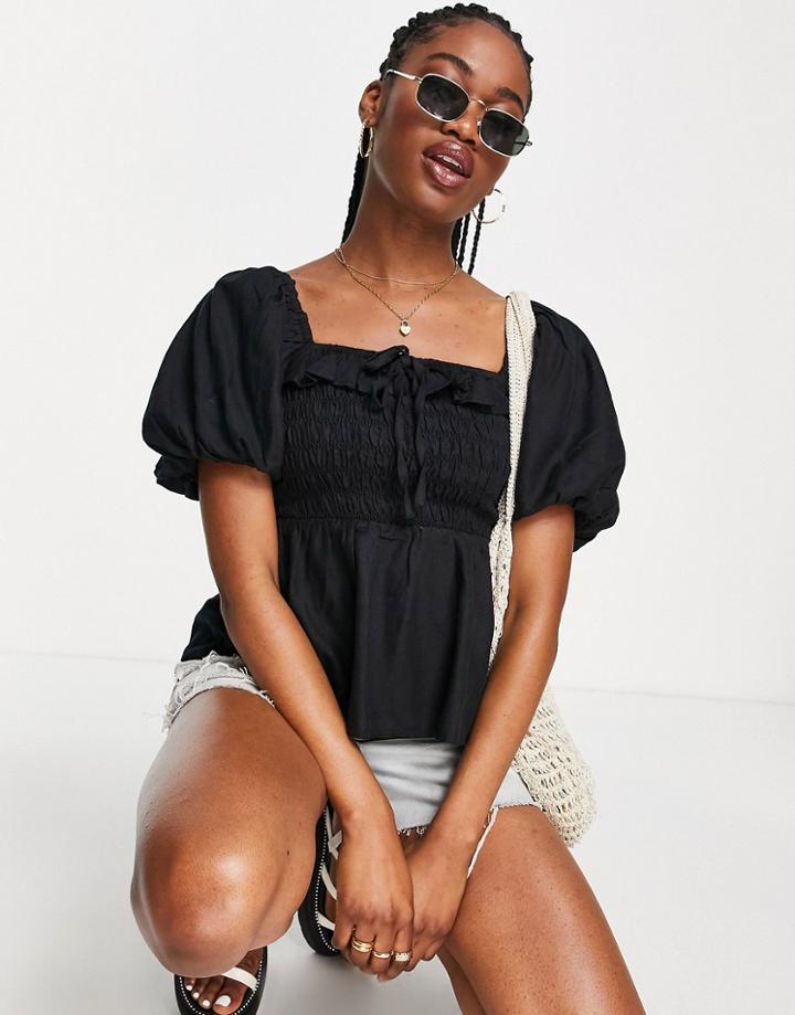 New Look Puff Sleeve Shirred Top In Black