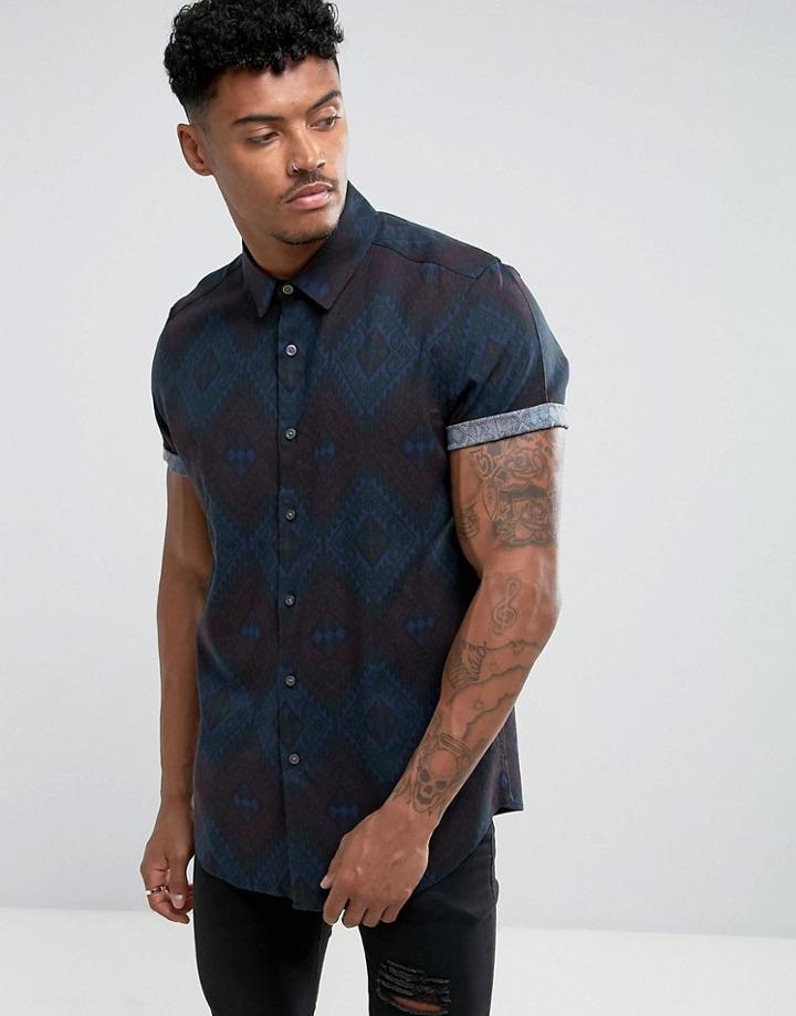 Asos Regular Fit Viscose Shirt With Geo-tribal Print - Blue