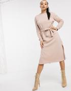 Missguided Midi Sweat Dress With Tie Waist In Sand-neutral