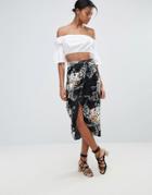 New Look Floral Jacquard Wrap Midi Skirt - Black