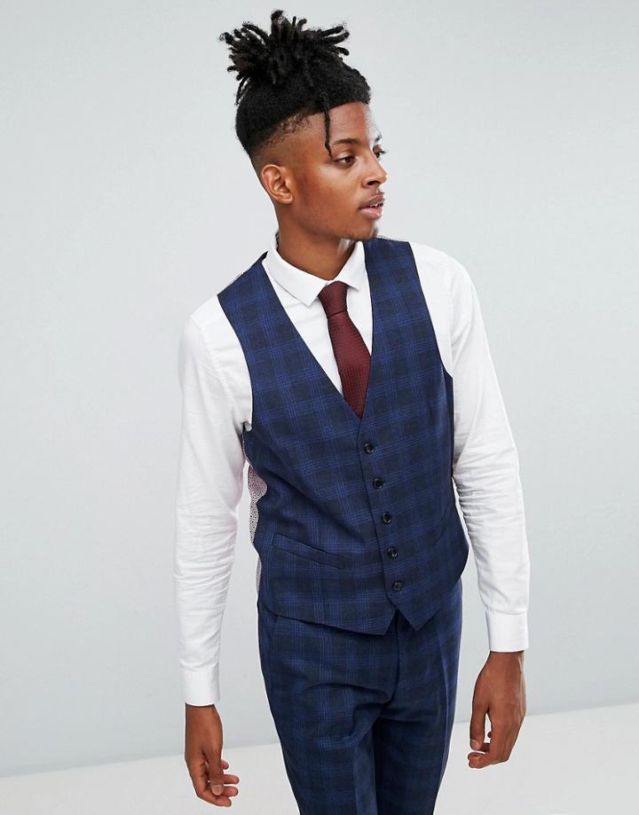 Rudie Blue Prince Of Wales Check Skinny Fit Suit Vest