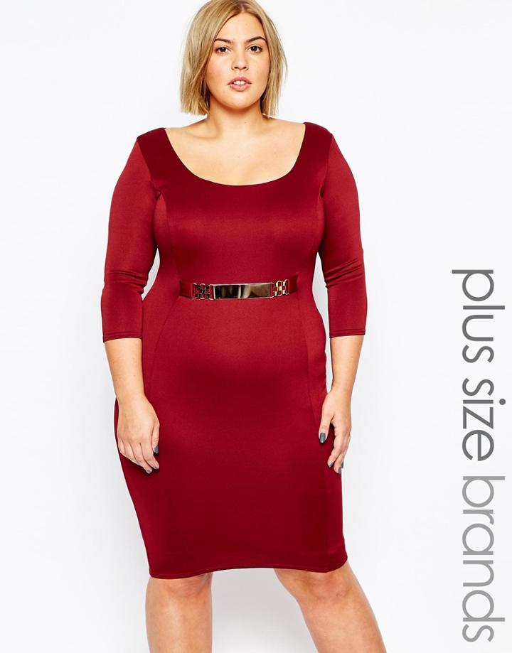 Goddiva Plus Size Midi Dress With Gold Belt - Wine
