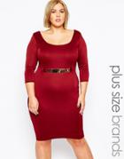 Goddiva Plus Size Midi Dress With Gold Belt - Wine