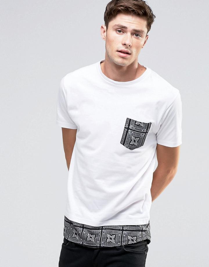 Brave Soul Long Line Geo-tribal Pocket T-shirt - White