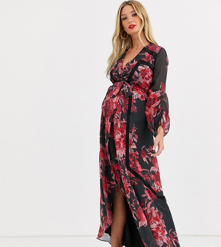 Hope & Ivy Maternity Wrap Front Maxi Dress With Lace Insert And Blouson Sleeve In Floral Print-multi