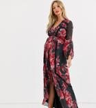 Hope & Ivy Maternity Wrap Front Maxi Dress With Lace Insert And Blouson Sleeve In Floral Print-multi
