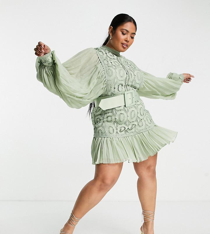 Asos Design Curve Lace Mini Dress With Pleated Sleeve And Belt In Sage-red