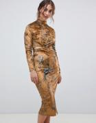 Hope & Ivy Long Sleeve Velvet Midi Dress With Knot Front Detail In Bird Print - Multi