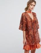 Three Floor Embroidered Shift Dress With Kimono Sleeve - Orange