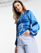 Never Fully Dressed Shirred Balloon Sleeve Top Set In Blue Abstract Print-blues