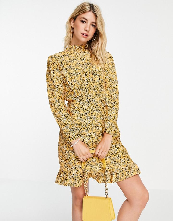 Nobody's Child High Neck Mini Tea Dress In Yellow Floral