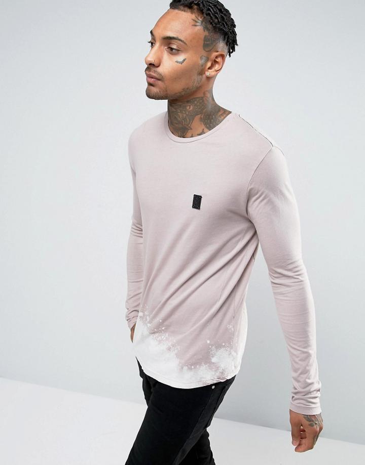 Religion Long Sleeve T-shirt With Bleached Out Curved Hem - Pink