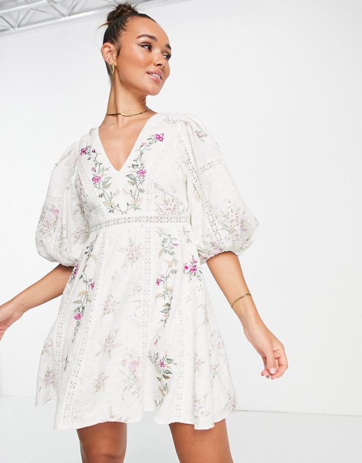 Asos Edition Floral Embroidered Mini Dress With Lace Inserts In Cream-white