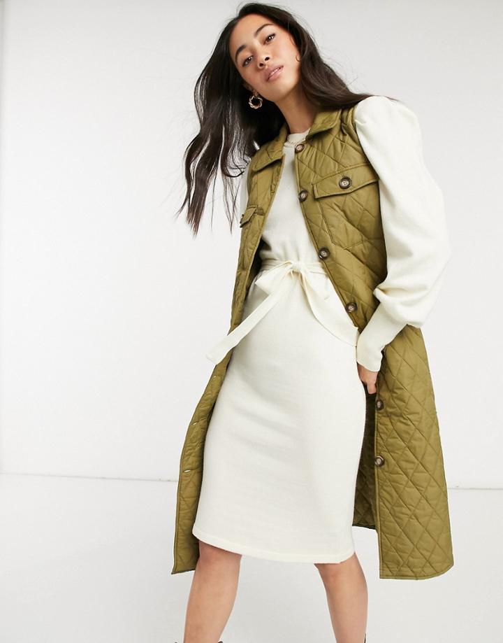 Vero Moda Padded Longline Vest In Khaki-green