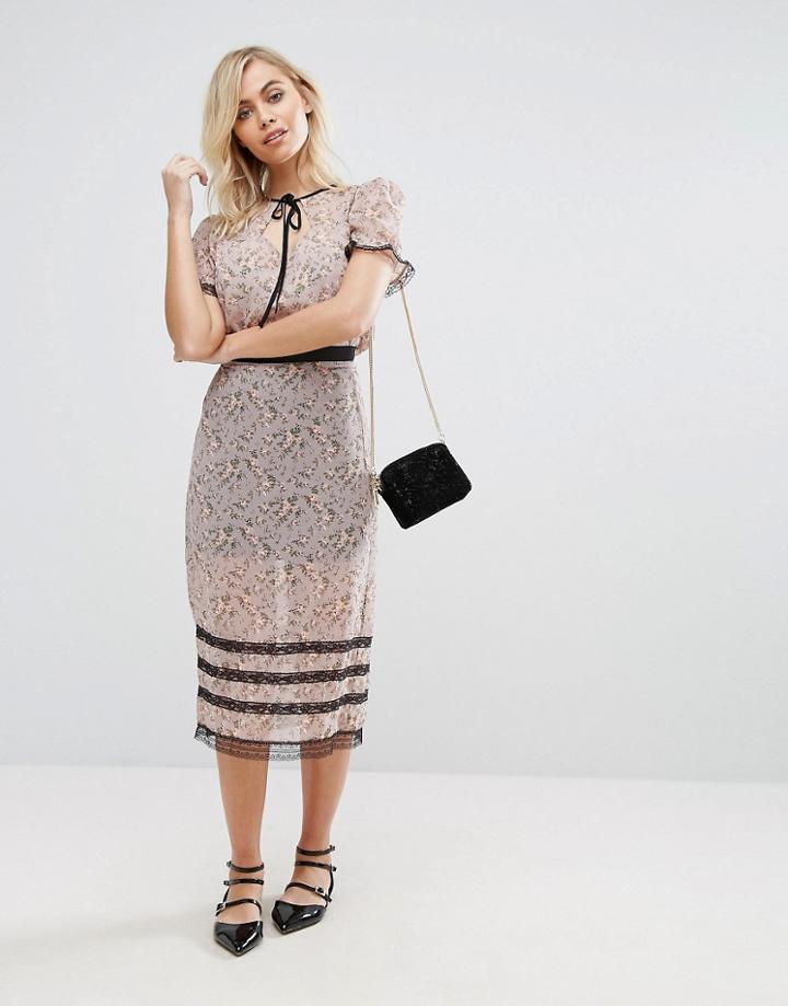 Fashion Union Midi Skirt In Sheer Floral - Pink