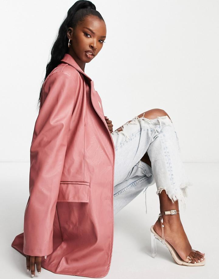 Rebellious Fashion Oversized Leather Look Blazer In Pink - Part Of A Set