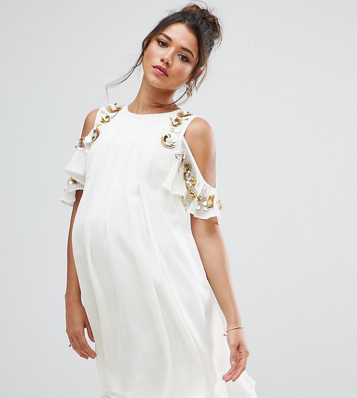 Asos Maternity Embellished Cold Shoulder Mini Dress - Cream