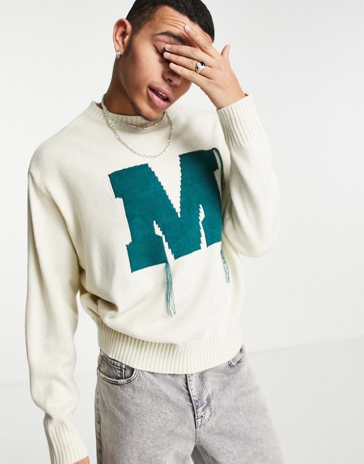 Mennace Varsity Knitted Sweater In Off White With Green Embroidery