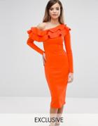 Club L One Shoulder Frill Detail Long Sleeve Midi Dress - Orange