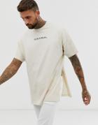 Asos Design Oversized Longline T-shirt With Subliminal Chest Print And Side Split-beige