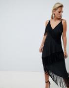 Asos Design Cami Fringe Wrap Midi Dress - Black