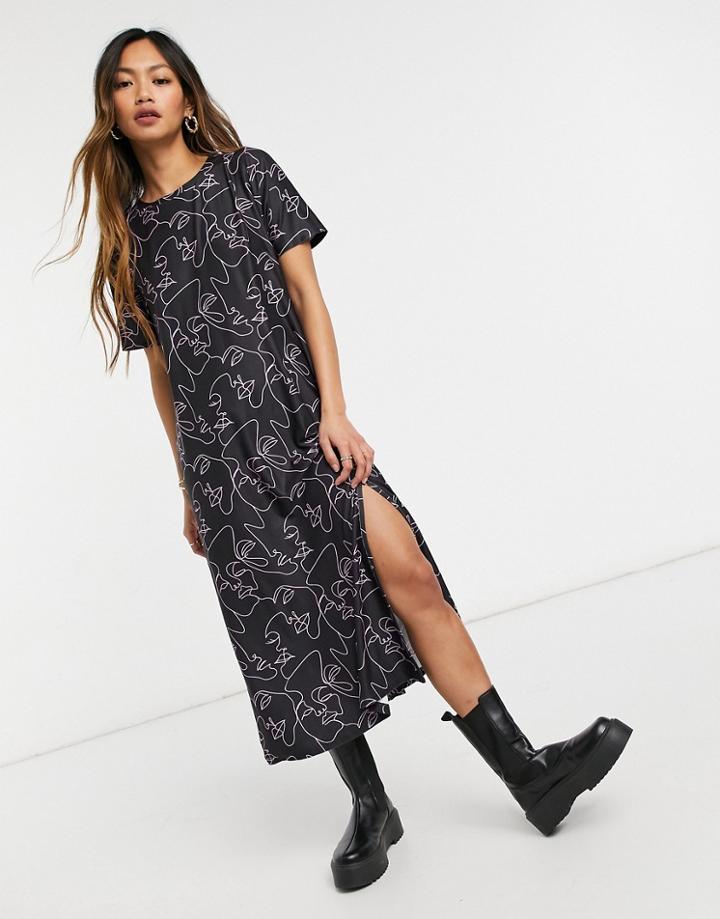 Urban Threads Oversized Midi Tshirt Dress In Sketch Face Print-green