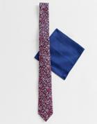Asos Design Burgundy Ditsy Tie With Blue Pocket Square-multi