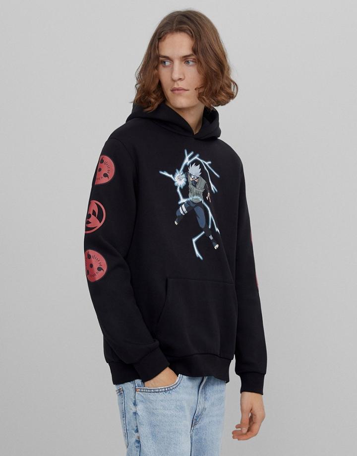 Bershka Printed Hoodie In Black