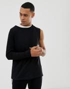 Asos Design Longline Long Sleeve T-shirt With Asymmetric Sleeve In Black - Black