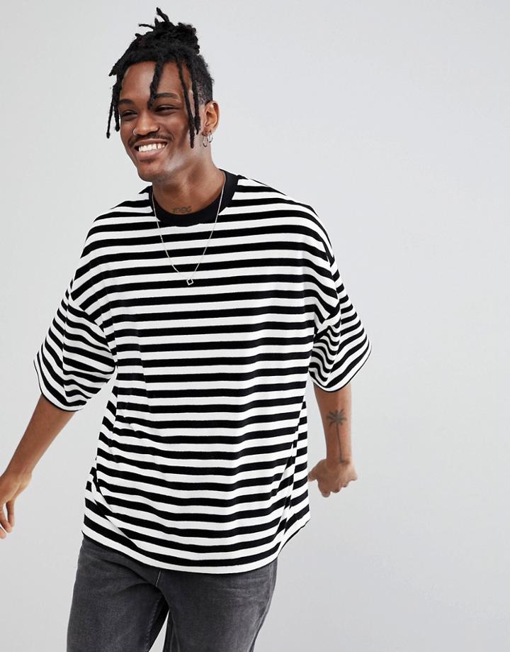 Asos Oversized Striped T-shirt In Velour - White