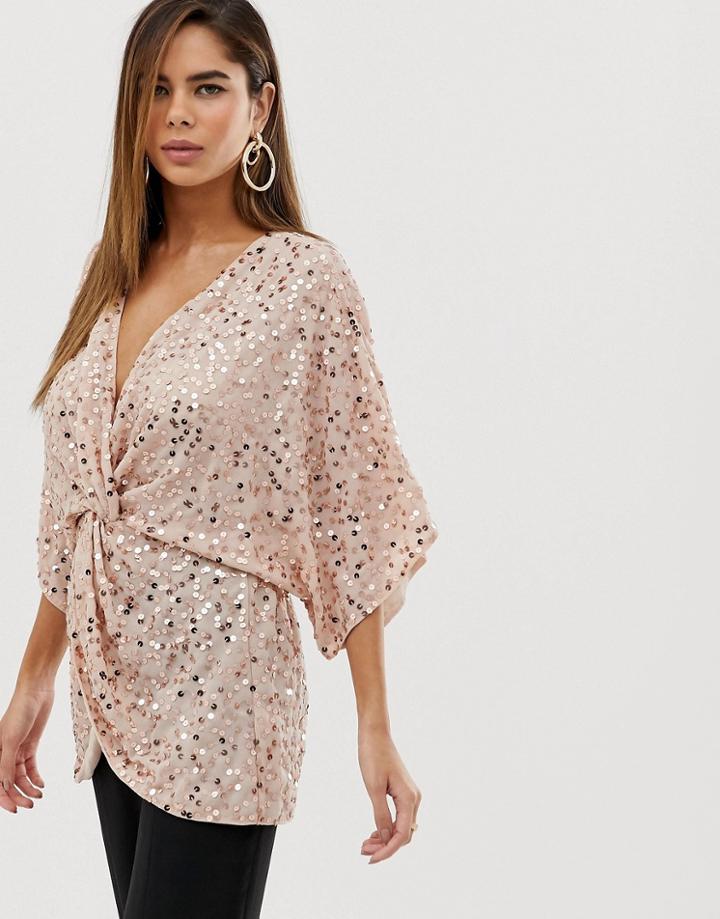 Asos Design Knot Front Kimono Top In Sequin - White