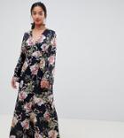 Asos Design Petite Satin Wrap Maxi Dress In Navy Floral Print - Multi
