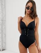 Lipsy Lace Up Swimsuit In Black - Black