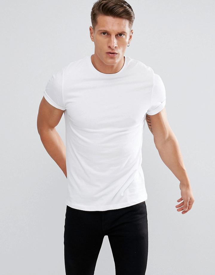 Asos Design T-shirt With Crew Neck And Roll Sleeve In White - White