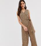 Warehouse Cropped Jumpsuit With Belt In Leopard Print - Tan