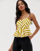 Qed London Button Down Cami Top With Peplum Hem In Stripe - Yellow