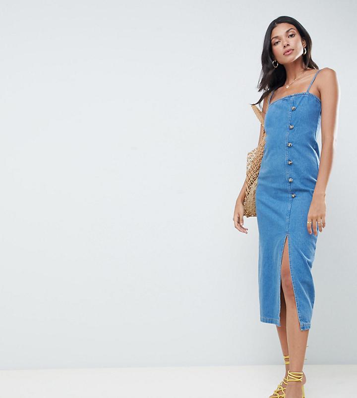 Asos Design Tall Denim Button Side Midi Dress In Midwash Blue - Blue