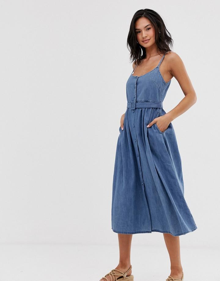 Asos Design Denim Belted Midi Dress In Midwash Blue - Blue