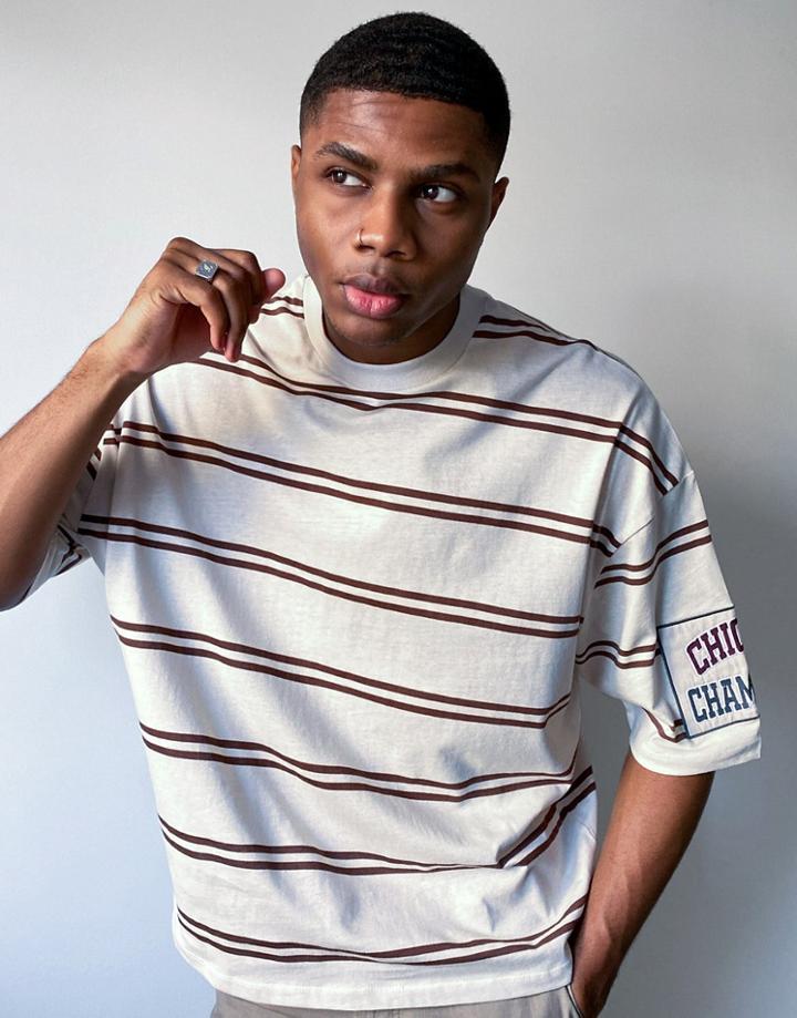 Asos Design Oversized Striped T-shirt In Washed Beige With Sleeve Badge Embroidery-neutral