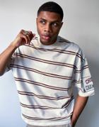 Asos Design Oversized Striped T-shirt In Washed Beige With Sleeve Badge Embroidery-neutral