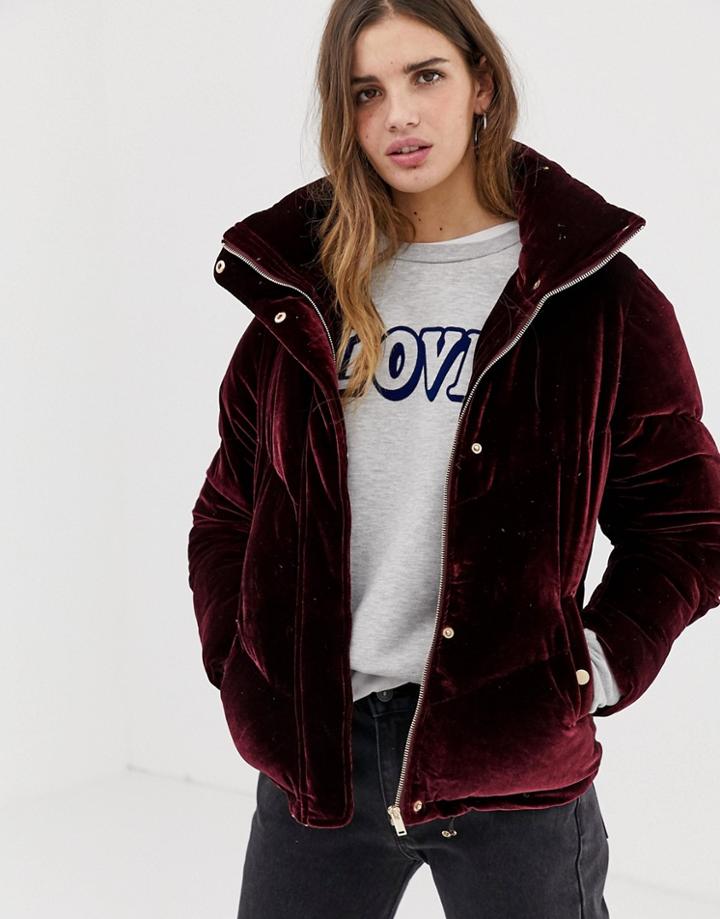 Qed London Velvet Chevron Padded Jacket - Red