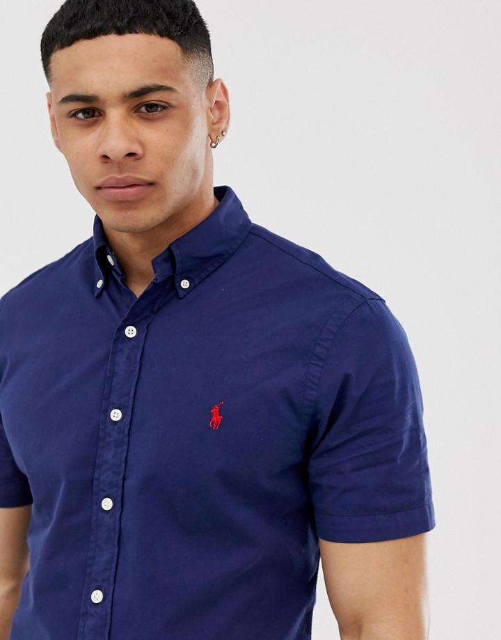 Polo Ralph Lauren Player Logo Short Sleeve Lightweight Twill Shirt Slim Fit In Navy-white