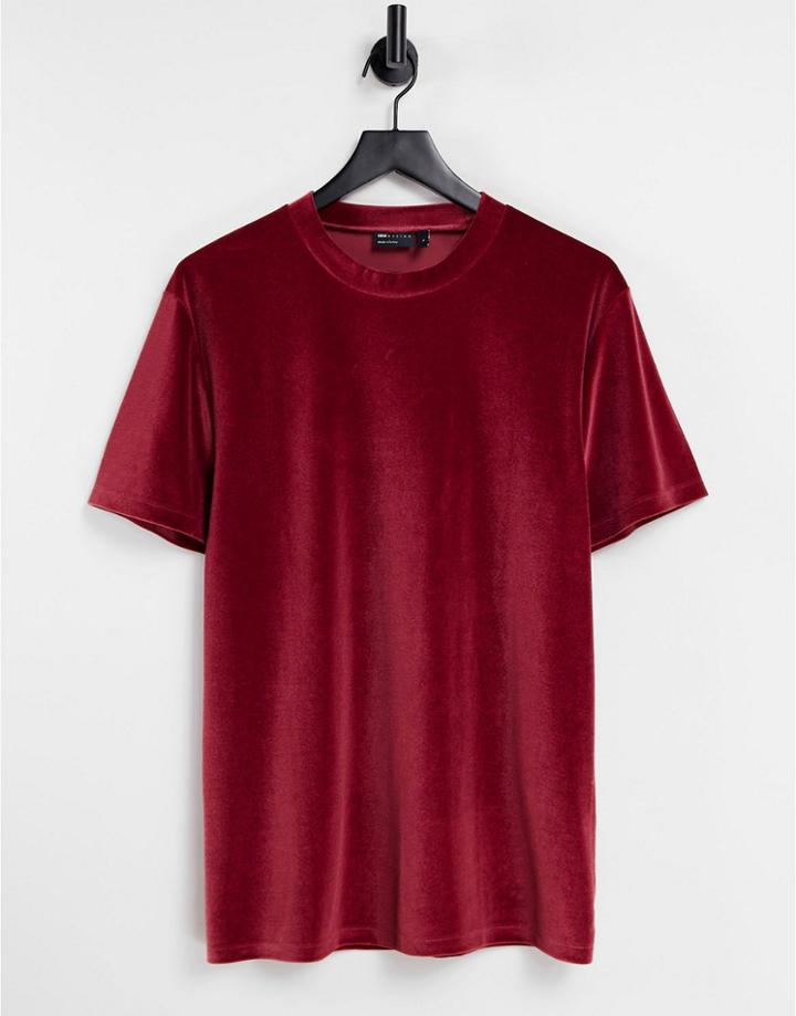 Asos Design T-shirt In Burgundy Velour-red