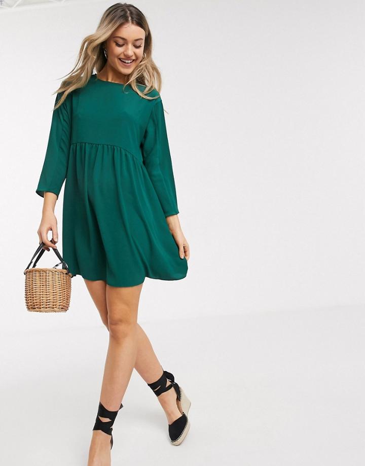 Asos Design Long Sleeve Smock Mini Dress In Forest Green